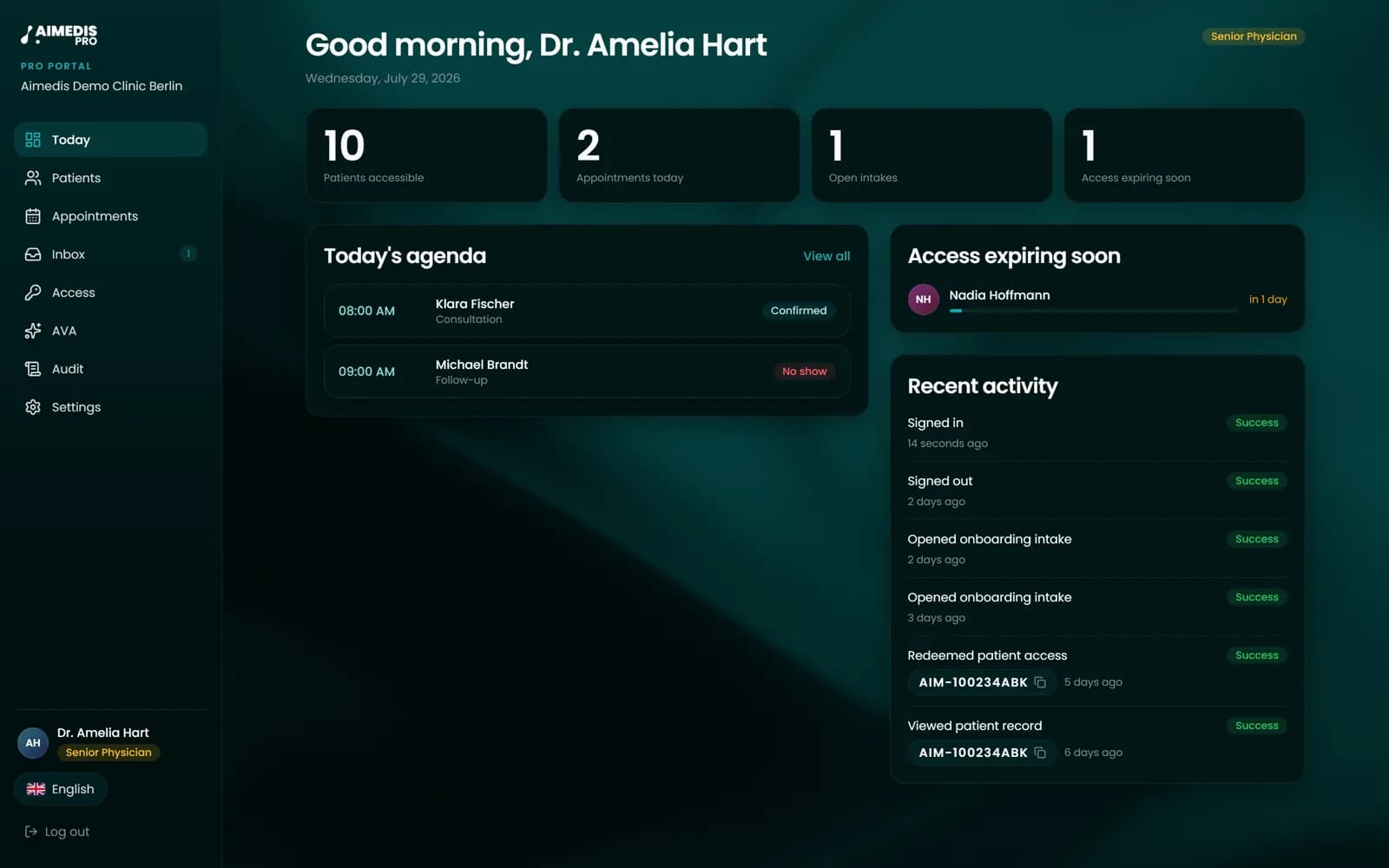 The Aimedis Pro clinical workspace